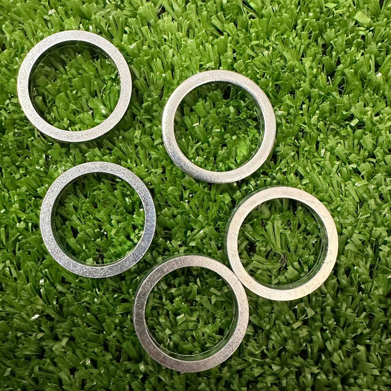 Five silver metal headshell adapter rings on green grass.