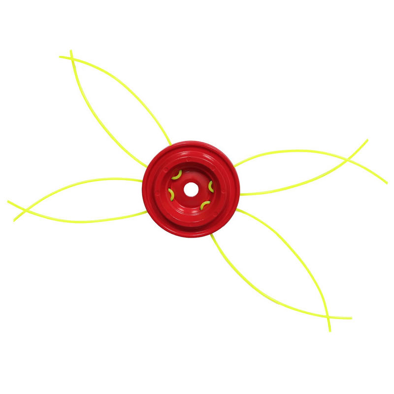 Roter Trimmerkopf mit vier gelben Trimmerfäden auf weißem Hintergrund.